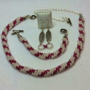 FINAL SALE PRICE Lia Rosa OOAK Woven Jewelry Set in Pink & White